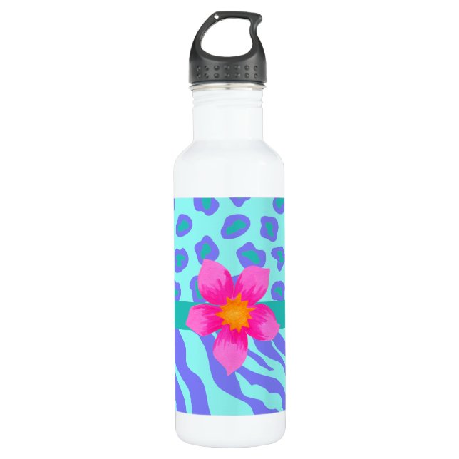 Lavendel & Türkis Zebra & Cheetah Pink Blume Edelstahlflasche (Vorderseite)