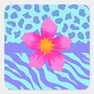 Lavendel & Türkis Zebra & Cheetah Pink Blume Quadratischer Aufkleber