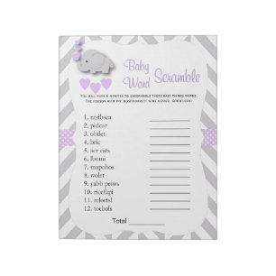 Lavendel u. graues Elefant-Babyparty-Wort-Spiel Notizblock