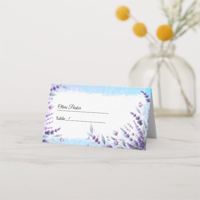 Lavendel und blaue Elegante Wasserfarbe Platzkarte (Vorderseite)