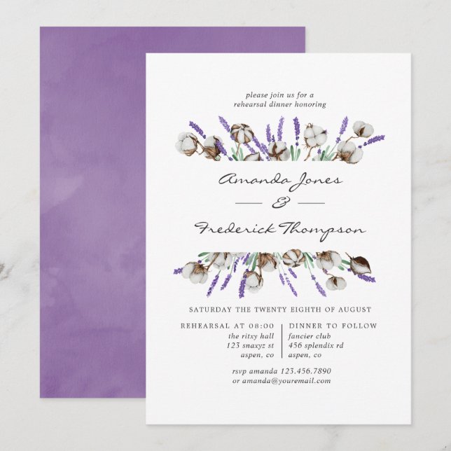 Lavendel und Cotton Hochzeitessen Probe Einladung (Vorne/Hinten)