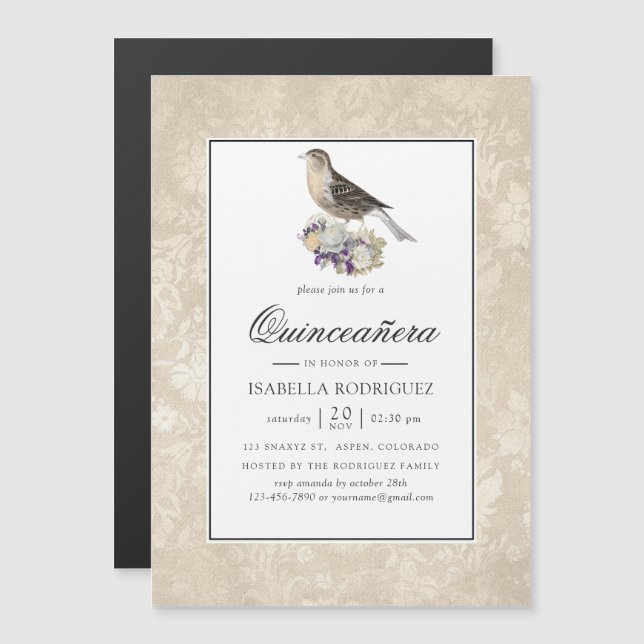Lavendel und Elfenbein Vintag Quinceañera Magneteinladung (Vorne/Hinten)