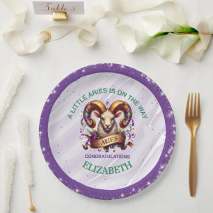 Lavendel- und Grün-Aries-Zodiak-Baby-Party Pappteller