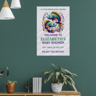 Lavendel und grüne Fische-Zodiak-Baby-Party Poster