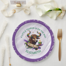 Lavendel- und Grüne Stier-Zodiac-Babyparty Pappteller