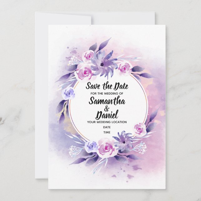 Lavendel und Lila Rose Wasserfarbe Save The Date (Vorderseite)