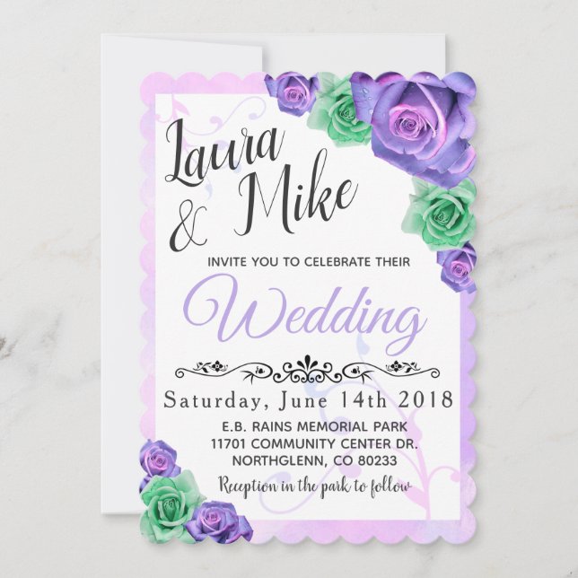 Lavendel und Minze Green Rose Hochzeitsfeiern Einladung (Vorderseite)