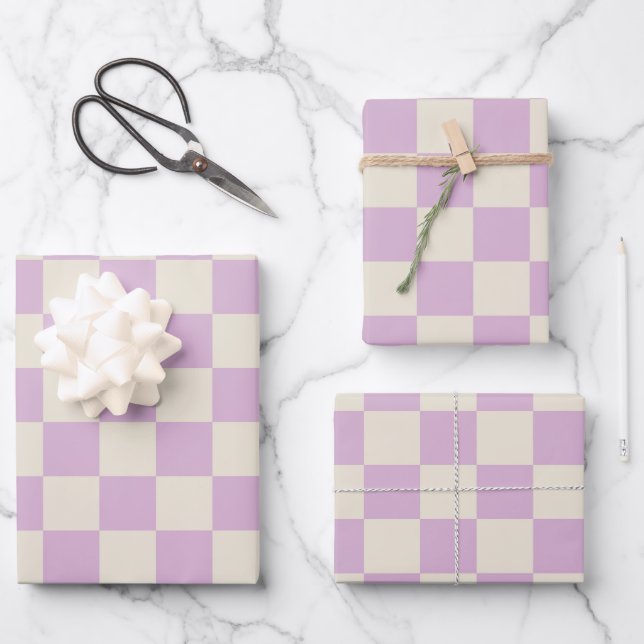 Lavendel und Off White Checkerboard Geschenkpapier Set (Vorderseite)