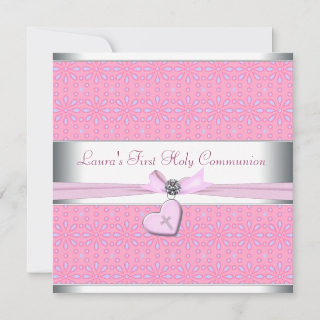 Lavendel und rosa Herz rosa Kreuz Erste Kommune Einladung (Vorderseite)