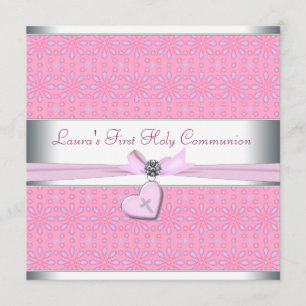 Lavendel und rosa Herz rosa Kreuz Erste Kommune Einladung