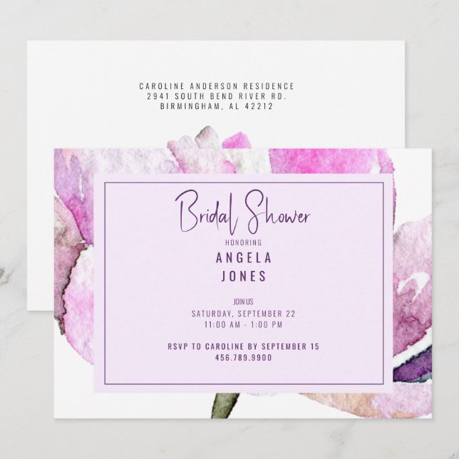 Lavendel und rosa Wasserfarben Einladung (Vorne/Hinten)