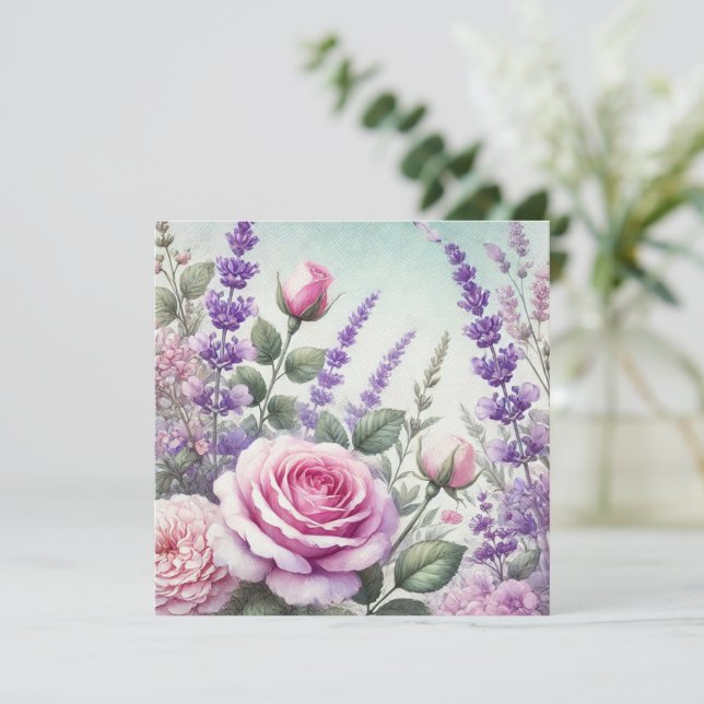 Lavendel und Rose Garden Postkarte (Stehend Vorderseite)