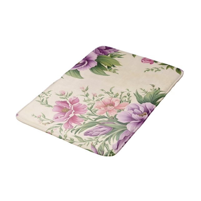Lavendel und Rose Garten Blumendruck Badematte (Schrägansicht)