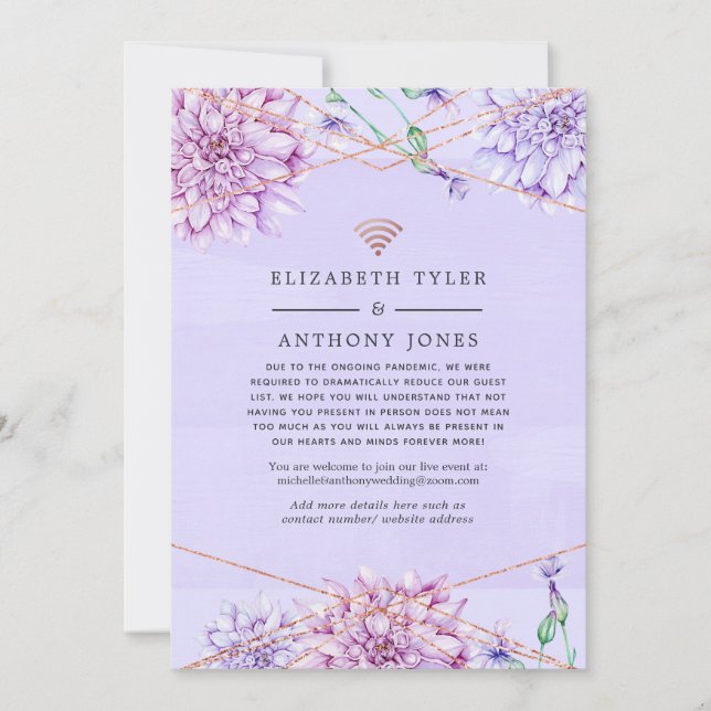Lavendel und Rose Gold Floral Hochzeitsgäste Ankündigung (Vorderseite)