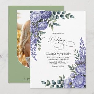 Lavendel- und Salbei-Aquarell-Blumen-Hochzeitsfoto Einladung