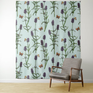 Lavendel und Schmetterlinge auf Meerglas Wandteppich