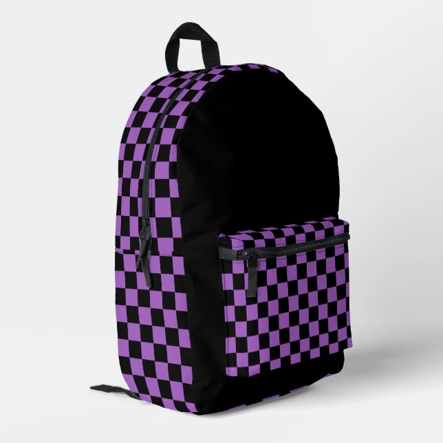 Lavendel und schwarz-kariertes Muster Bedruckter Rucksack (Rückseitige Ecke links)