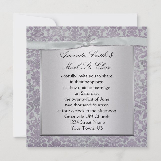 Lavendel und Silberschmiede Damask Hochzeit Einlad Einladung (Vorderseite)