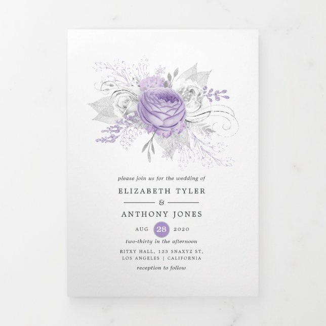 Lavendel und Silver Floral Wedding Dreifach Gefaltete Einladung (Cover)