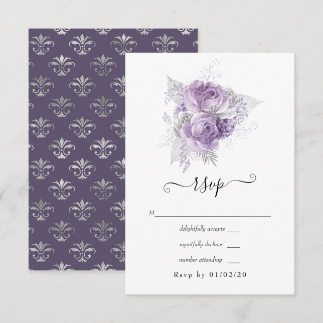 Lavendel und Silver Floral Wedding RSVP Karte (Vorne/Hinten)