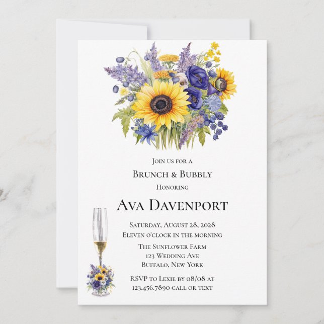 Lavendel und Sonnenblumen Brunch und Bubbly Einladung (Vorderseite)