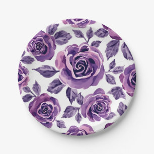 Lavendel- und Veilchen-Aquarell-Rosen-Blumenmuster Pappteller