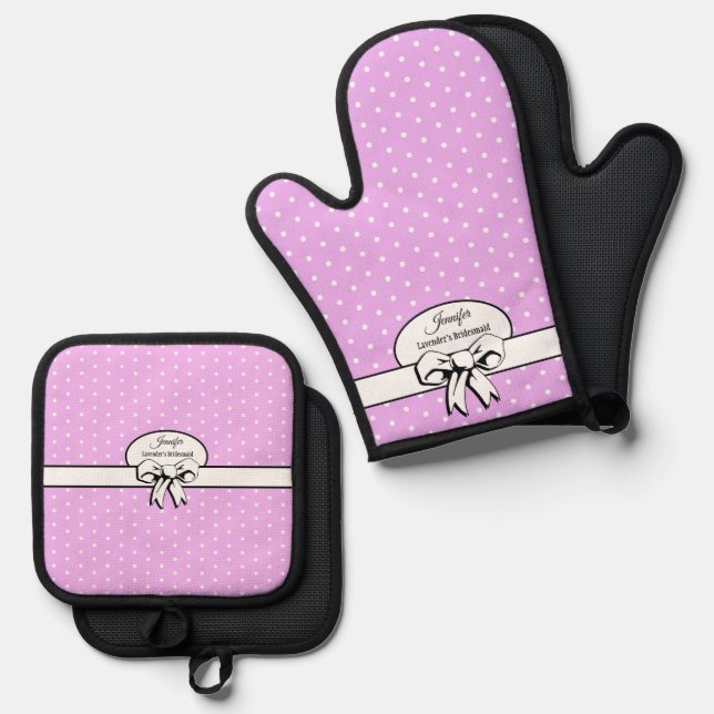Lavendel- und Weißpolka-Punkte und Bow Personalisi Ofenhandschuh & Topflappen-Set (Vorderseite/Rückseite)