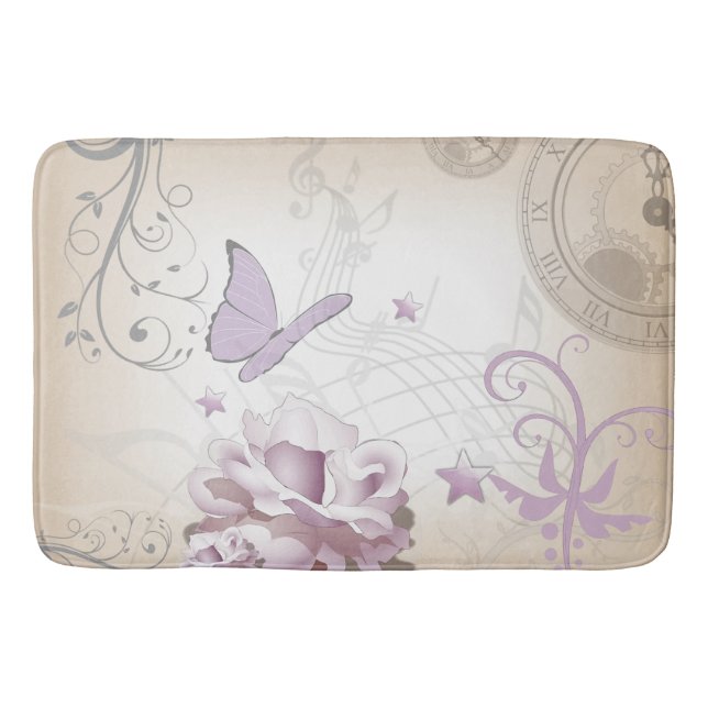Lavendel Vintage Blume, Schmetterling, Musik, Uhre Badematte (Vorderseite)