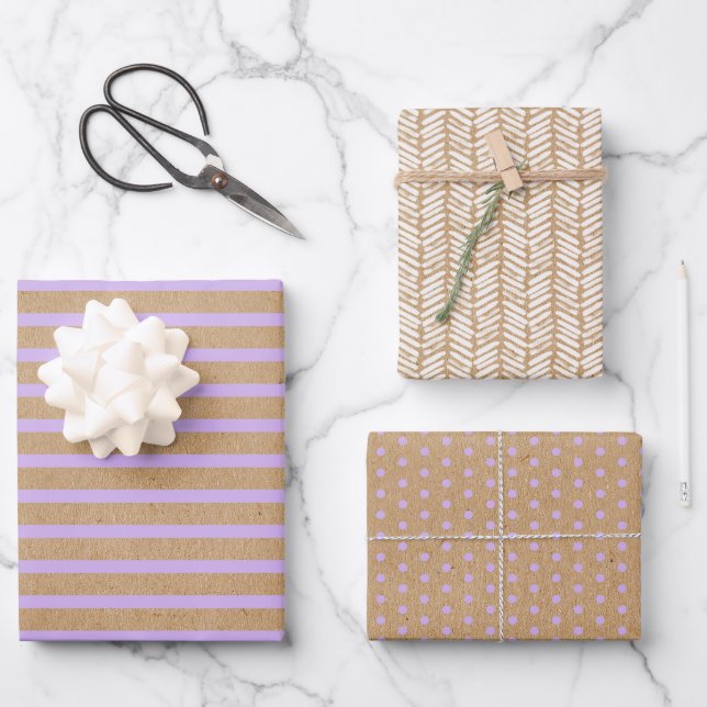 Lavendel Violet Lila Lines Imitate Rustikale Kraft Geschenkpapier Set (Vorderseite)