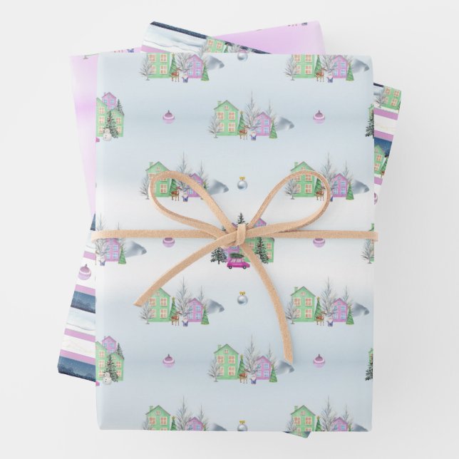 Lavendel Weihnachtsdorf Geschenkpapier Set (Beispiel)