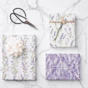 Lavendel Weiße Blumen Streifen Brautparty Geschenkpapier Set