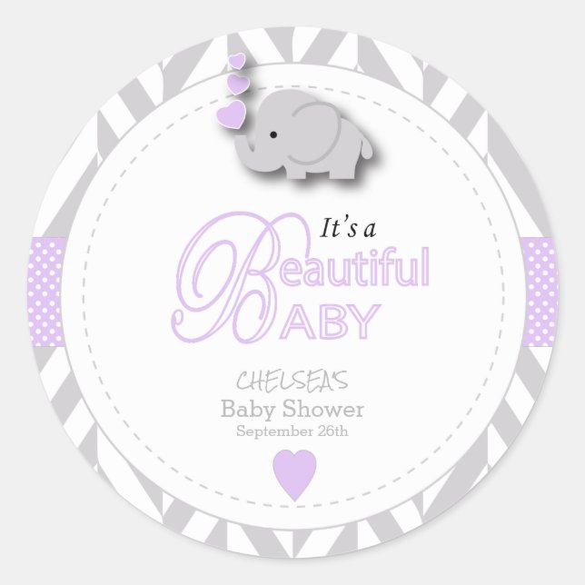 Lavendel, White Gray Elephant Baby Dusche Runder Aufkleber (Vorderseite)