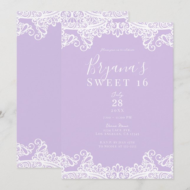 Lavendel & White Lace Elegant Sweet 16 Party Einladung (Vorne/Hinten)