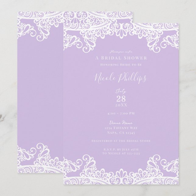 Lavendel & White Lace Elegantes Brautparty Einladung (Vorne/Hinten)
