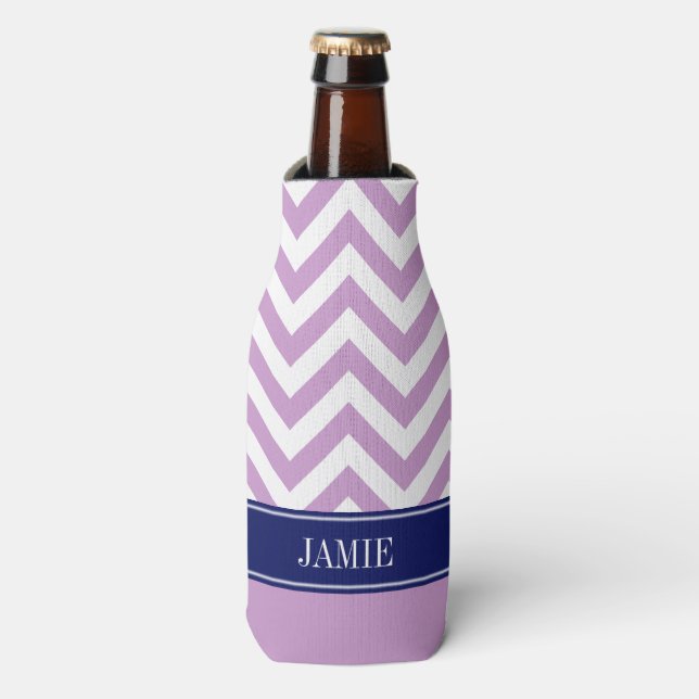 Lavendel White LG Monogram für Zickzack Navy Name Flaschenkühler (Flaschenvorderseite)