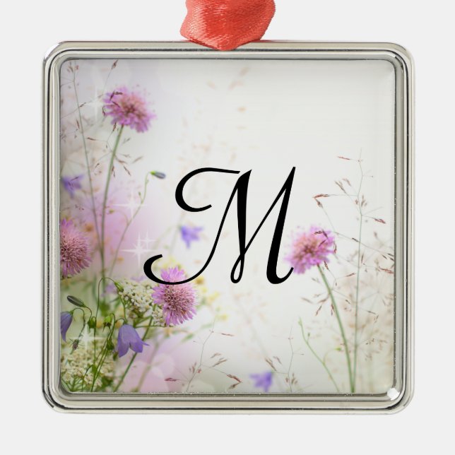 Lavendel Wild Blume Monogramm Erstbearbeitung Silbernes Ornament (Vorne)
