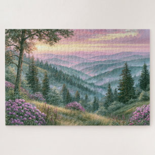 Lavendel-Wildblumen-Bergsonnenuntergang-Gemälde