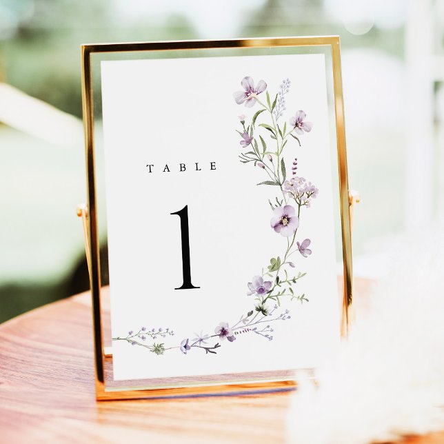Lavendel-Wildblumen-Hochzeitstischnummern (Lavender wildflower wedding table numbers, lilac purple floral wedding reception gold table decor)