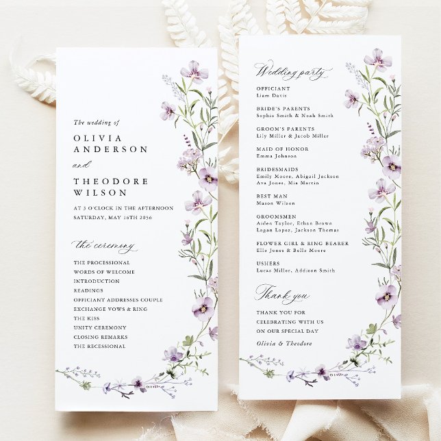 Lavendel-Wildblumen-Hochzeitszeremonie Programm (Lavender Wildflower Wedding Program, Lilac Ceremony Program, Purple Floral Order of Wedding Party)