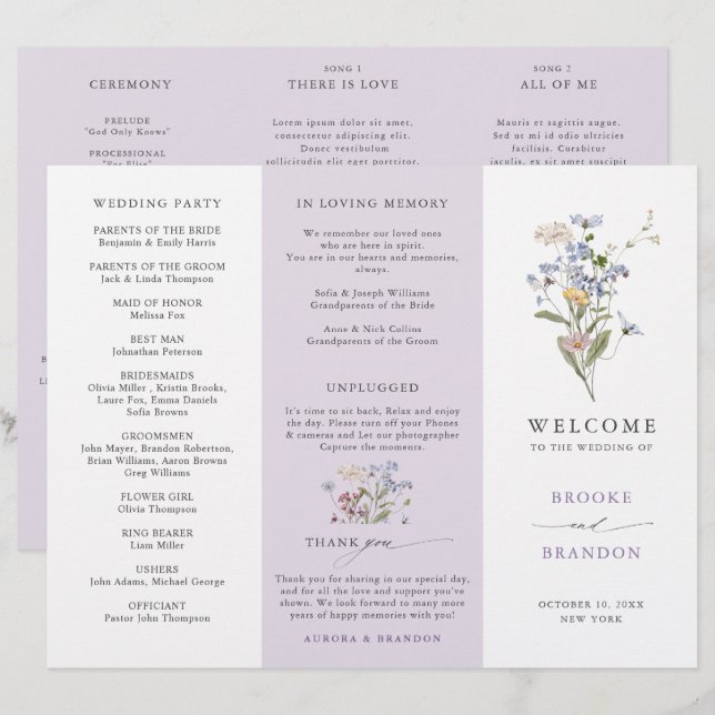 Lavendel-Wildblumen-Wiese-Garten-Hochzeitsprogramm (Vorne/Hinten)