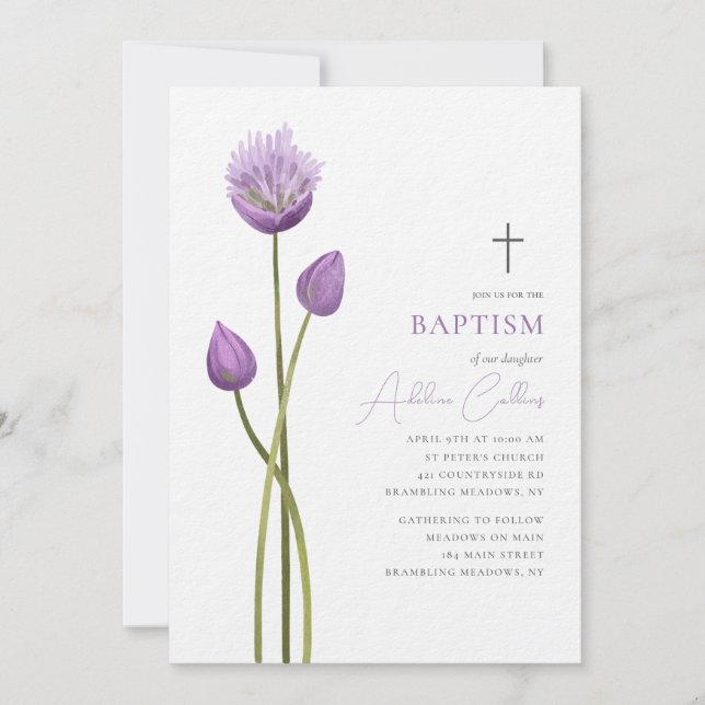 Lavendelblase-Blume blüht Minimalistische Taufe Einladung (Vorderseite)