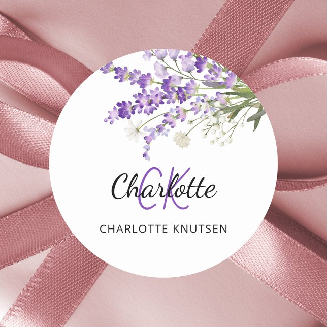 Lavendelflorale mit Monogramm Runder Aufkleber (Von Creator hochgeladen)