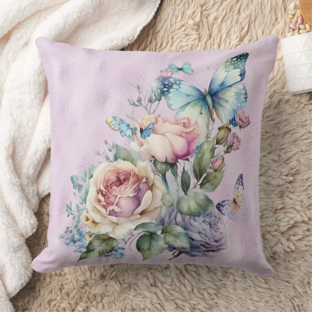 Lavendelfoil und Lila rosa Peonfly Butterfly Kissen (Decke)