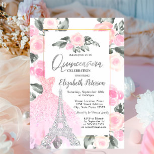Lavendelkleid, Eiffelturm Floral Quinceañera  Einladung