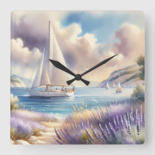 Lavendelküste-Segelboot-Wasserfarbszene Quadratische Wanduhr