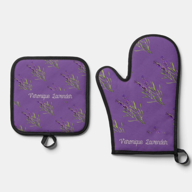 Lavendelmuster - Name Ofen Mitt & Topf Ofenhandschuh & Topflappen-Set (Vorderseite)