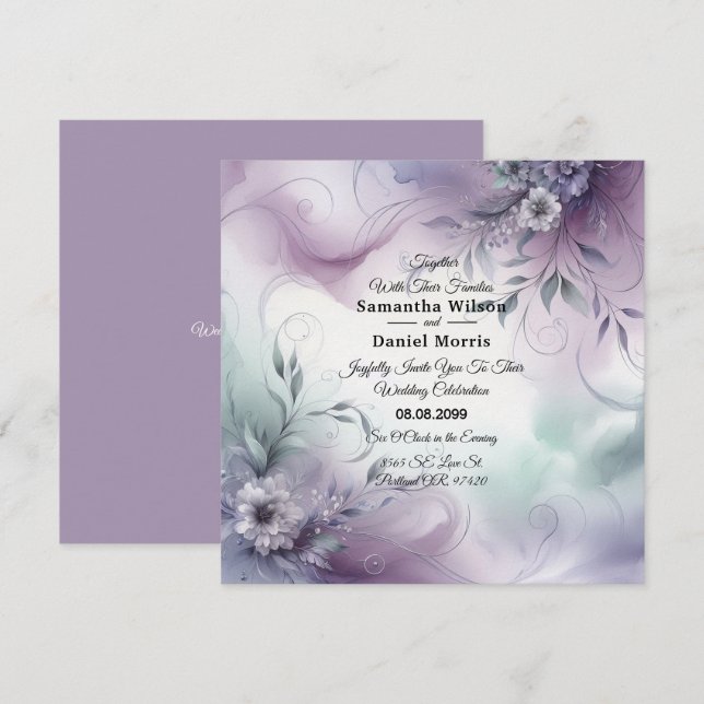Lavendelnebel und Wasserfarbenflüßer Hochzeit Einladung (Vorne/Hinten)
