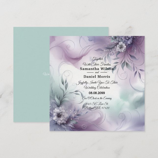 Lavendelnebel und Wasserfarbenflüßer Hochzeit Einladung (Vorne/Hinten)