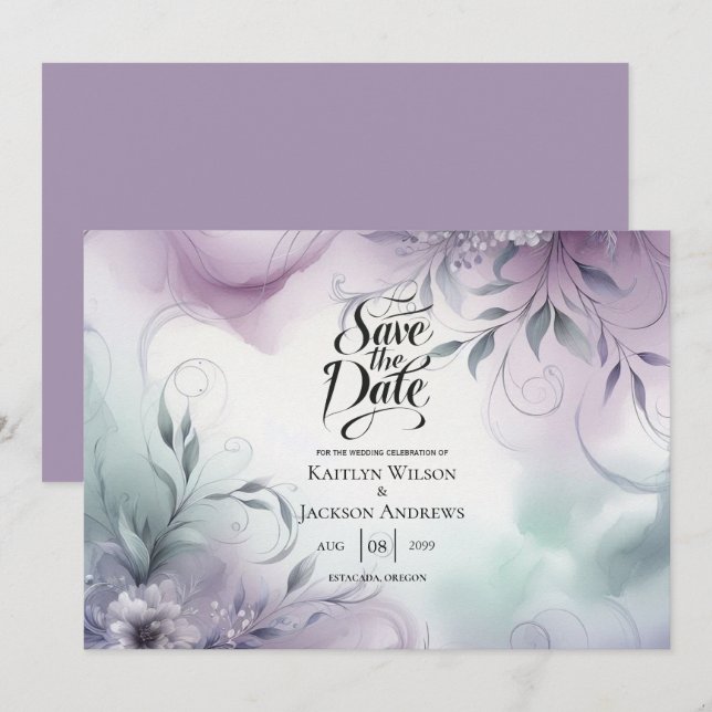 Lavendelnebel und Wasserfarbenflüßer Hochzeit Save The Date (Vorne/Hinten)