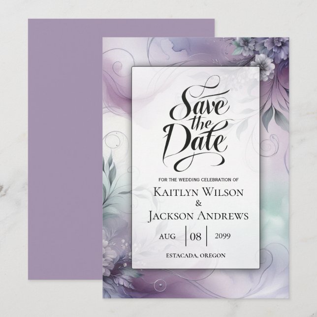 Lavendelnebel und Wasserfarbenflüßer Hochzeit Save The Date (Vorne/Hinten)